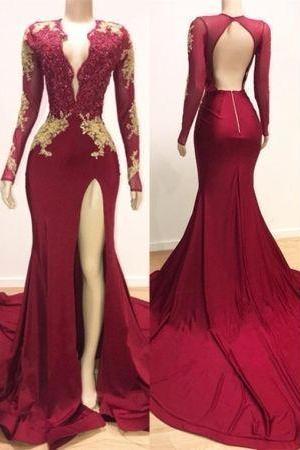 Long Sleeve Lace Mermaid Prom Dress, Prom Gowns , Plus Size Formal Evening Dress