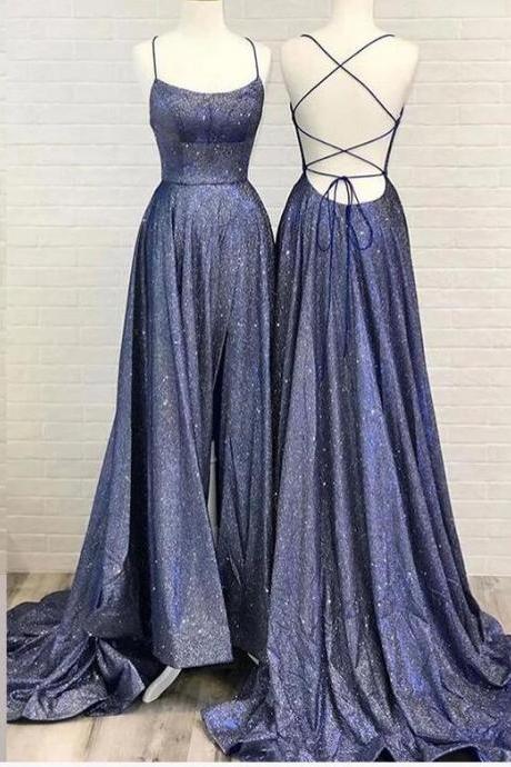 Shiny Navy Blu Sequin A Line Long Prom Dress With Slit Sexy Backless Women Prom Party Gowns , Party Gowns 2020