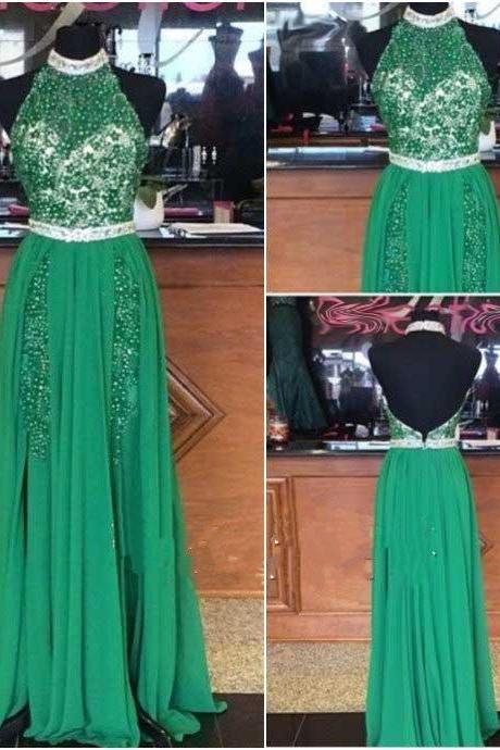 Green Chiffon Beaded Halter Neck Long Prom Dress A Line Women Party Gowns ,formal Party Gowns 2020