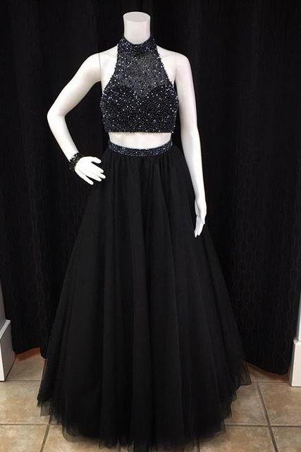 Sexy Black Beaded Two Pieces Long Prom Dress Custom Made A Line Prom Party Gowns , 2 Pieces Homecoming Gowns