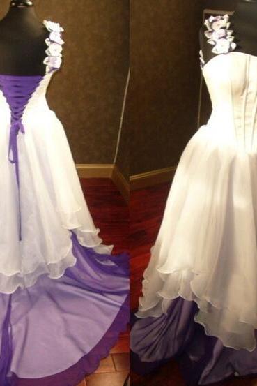 One Shoulder White And Purple China Wedding Dress Custom Made County Wedding Gowns , Bridal Gowns