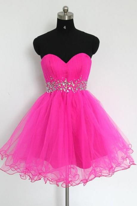 Off Shoulder Fuchsia Tulle Short Homecoming Dress , Sweet 16 Prom Party Gowns , Cute Beaded Cocktail Party Gowns