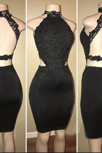 Sexy High Neck Black Lace Short Homecoming Dress Sheath Backless Sexy Short Prom Party Gowns ,short Cocktail Party Gowns 2020