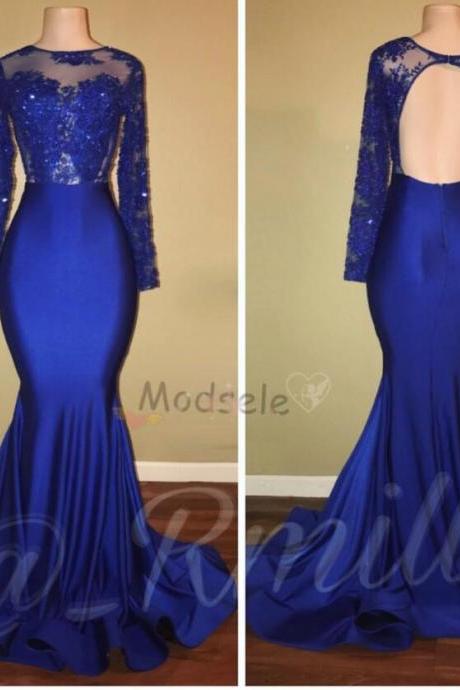 Fashion Royal Blue Beaded Mrmaid Prom Dresses With Long Sleeve Custom Made Long Evening Dress Women Gowns 2020