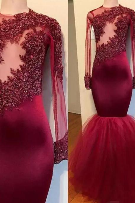 Custom Made Long Sleeve Burgundy Satin Mermaid Prom Dresses O-neck Long Prom Party Gowns , Evening Dresses With Beaded