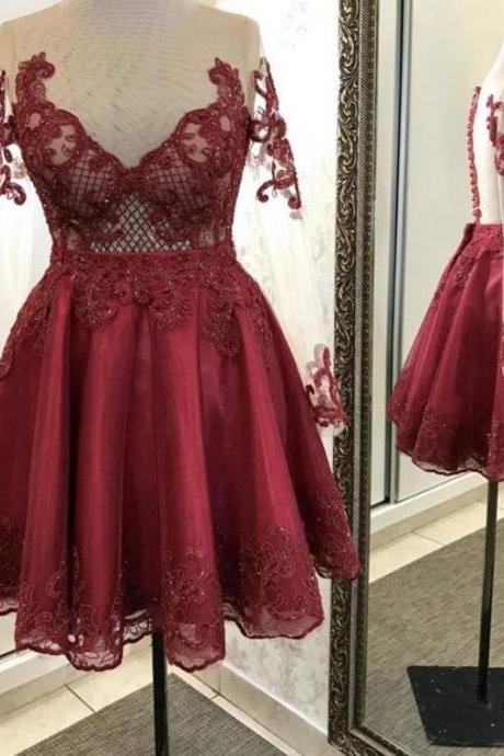 Burgundy Lace Long Sleeve Lace Short Homecoming Dress Sheer Neck Party Gowns , Short Party Gowns 2020