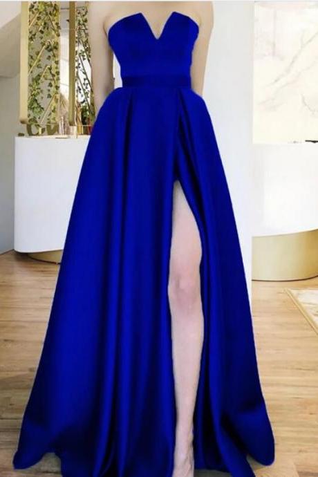 Royal Blue Satin Side Slit Long Prom Dress Floor Length Prom Party Gowns , Women Gowns , Wedding Party Gowns