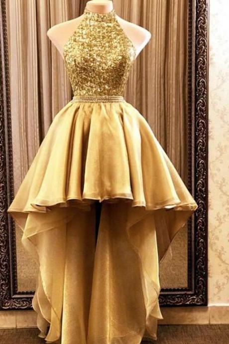 Luxury Gold Beaded Crystal High Low Prom Dresses A Line Women Party Gowns , High Low Girls Homecoming Dress