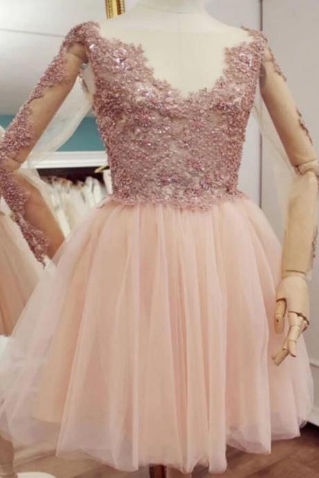 Fashion Tulle Short Homecoming Dress, Custom Made Long Sleeve Lace Beaded Short Cocktail Party Gowns ,short Sheer Neck Party Gowns