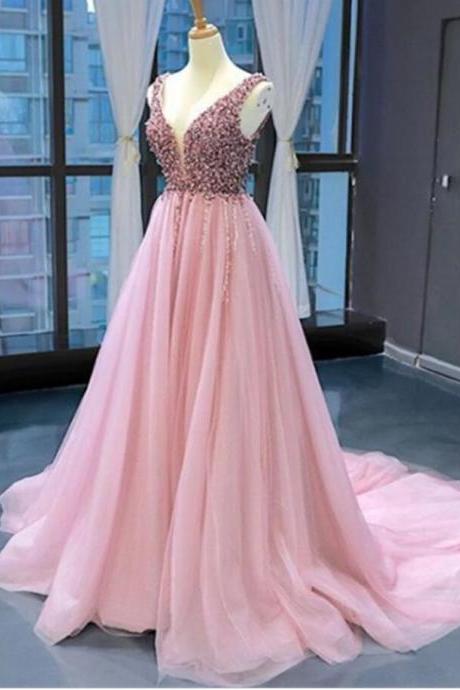 Elegant V-neck Beaded Long Prom Dresses Floor Length Party Gowns , Formal Dress, Long Evening Party Gowns