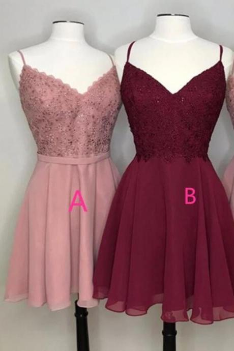 Burgundy Chiffon Short Prom Party Dress, A Line Lace Cocktail Party Gowns , Wedding Guest Gowns
