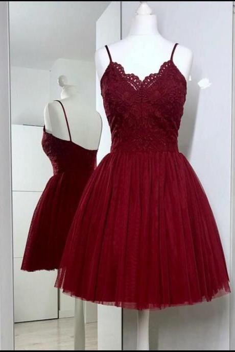 Cute Burgundy Lace Short Homecoming Dress A Line Party Gowns ,wedding Party Gowns