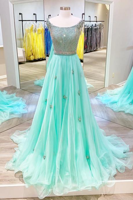 Luxury Beaded Crystal Mint Green Prom Dresses 2020 Custom Made Women Party Gowns , Formal Gowns