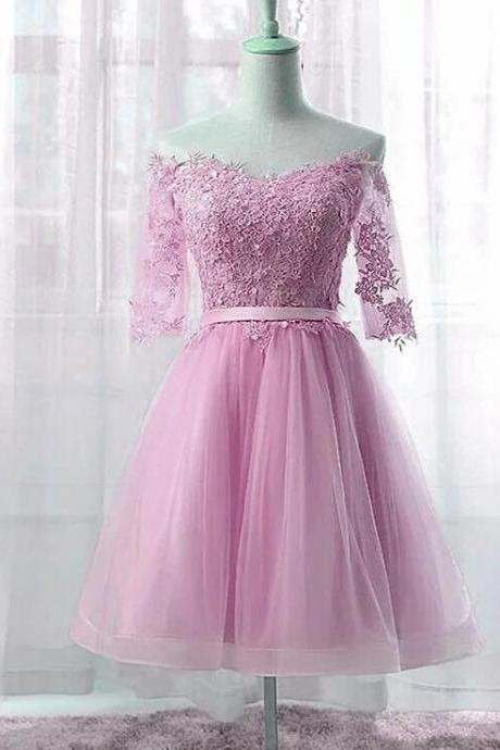 Sexy Pink Tulle Lace Short Homecoming Party Dresses With Sleeve Fashion Party Gowns ,short Party Gowns
