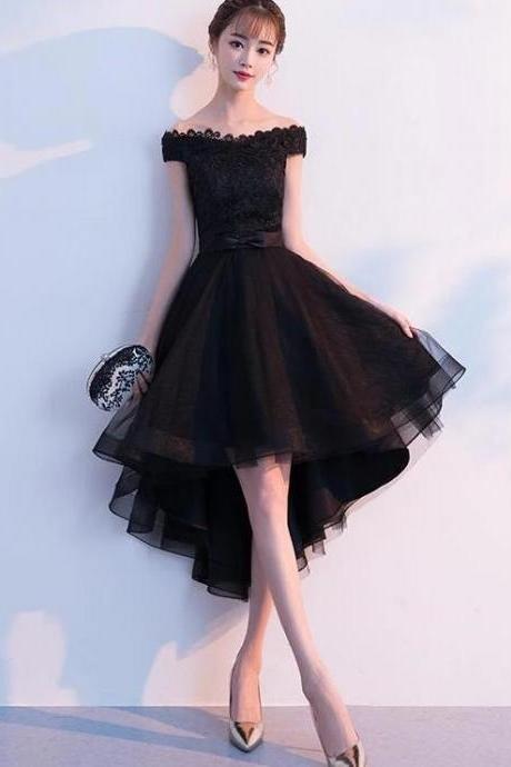 Black Lace A Line High Low Prom Party Gowns Custom Made Homecoming Gowns , Women Party Gowns