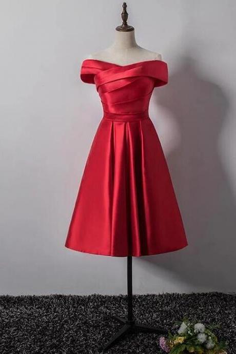 Off Shoulder Red Satin Ruched Short Homecoming Dress , Cocktail Party Gowns ,short Cocktail Party Gowns