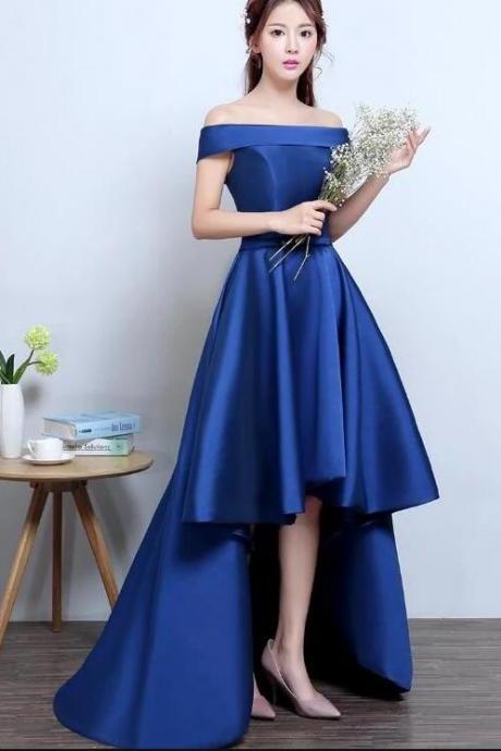 Off Shoulder Royal Blue Satin Long Prom Dresses A Line Prom Party Gowns ,custom Made Wedding Guest Gowns 2020