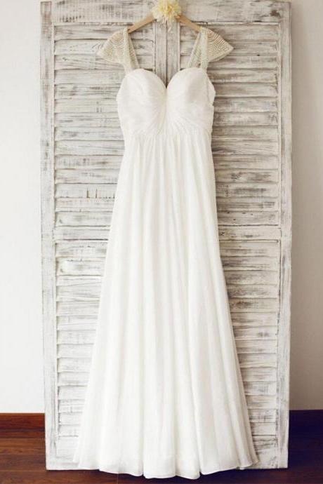 White Chiffon Bohemian Wedding Dresses With Caped Beaded Women Party Gowns Long Bridal Gowns 2020