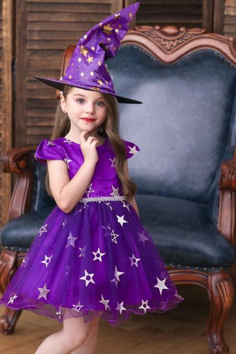 Newly purple Short Pricess Flower Girls Dresses For Halloween party ,Newly Dress Cosplay Gowns With Hats ,Cheap First Communion Gowns 