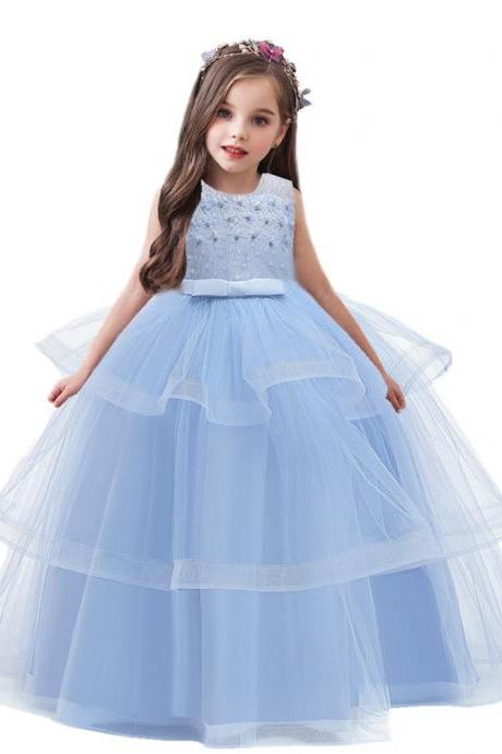 Light Blue Tulle A Line Long Wedding Flower Girls Dresses Girls First Communion Gowns Formal Kids Party Gowns Wedding Guest Gowns