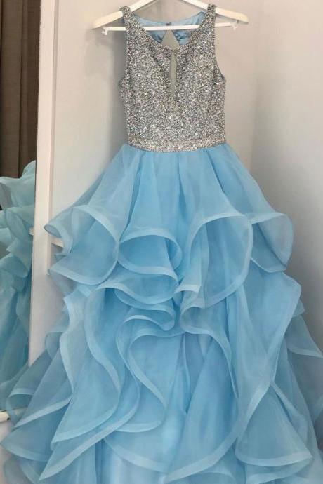 Plus Size Beaded Light Blue Organza A Line Long Prom Dresses Off Shoulder Women Party Gowns ,formal Evening Dress 2020