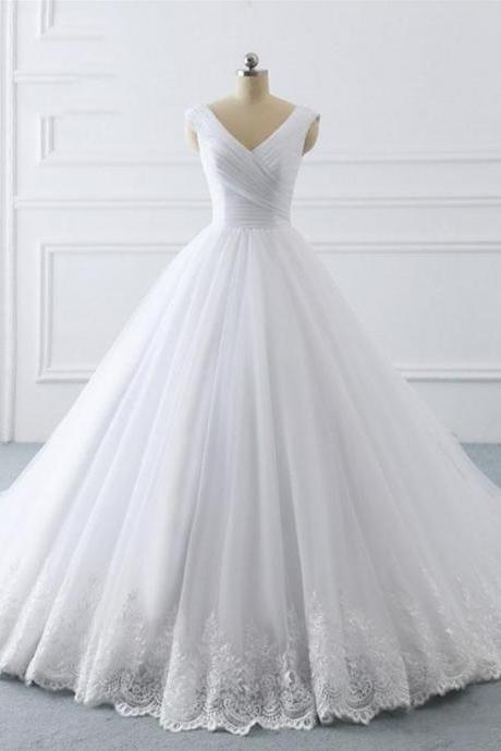 Custom Made V-neck White Tulle Ball Gown Wedding Dress Women Party Gowns ,sexy Bridal Party Gowns