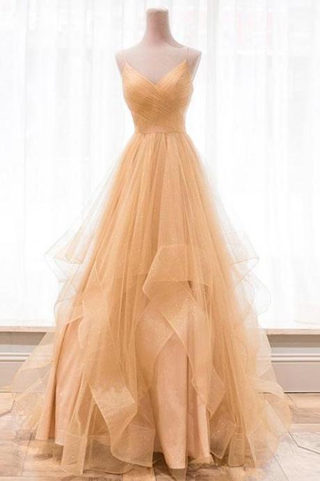 Gold Champagne Tulle A Line Long Prom Dresses Custom Made Women Party Gowns , Graduation Gowns 2020