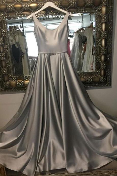 Silver Satin Long Prom Dress A Line Women Party Gowns Plus Size Bridesmaid Party Gowns