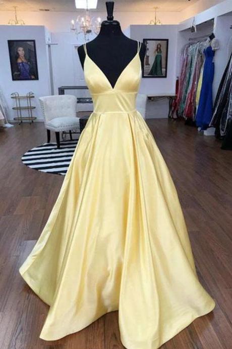 Yellow Satin Long Prom Dresses Custom Made Women Pageant Gowns ,plus Size Evening Gowns