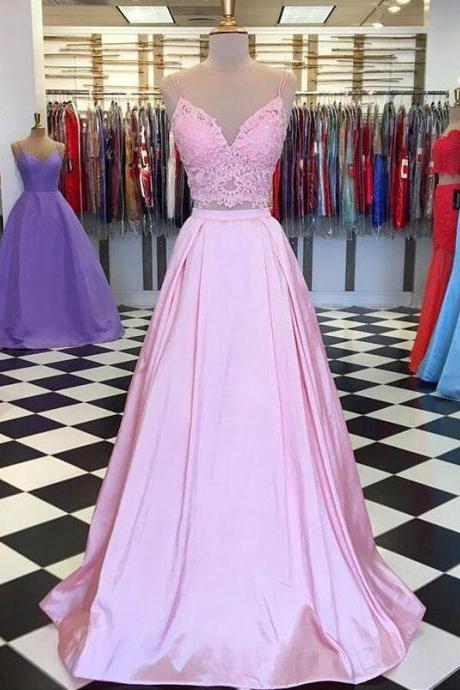Pink Two Pieces Lace Prom Dresses A Line Women Pageant Gowns Plus Size Evening Gowns