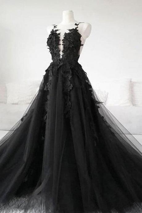 Black Tulle Lace A Line Long Prom Dress ,lace Prom Gowns ,wedding Guest Gowns , Evening Party Gowns