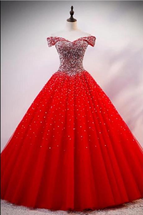 Elegant Red Beaded Tulle Ball Gown Quinceanera Dresses Sweet 15 Prom Party Gowns Pricess Quinceanera Gowns