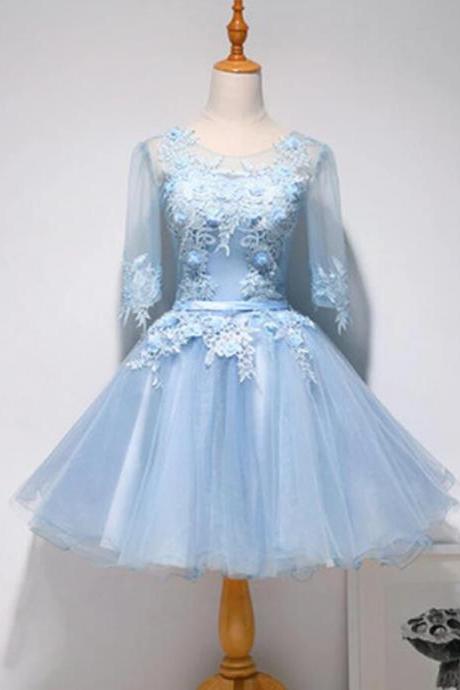Sexy A Line Blue Tulle Lace Short Prom Party Dress With Long Sleeve, Short Homecoming Party Dress,Sweet 16 Prom Gowns 