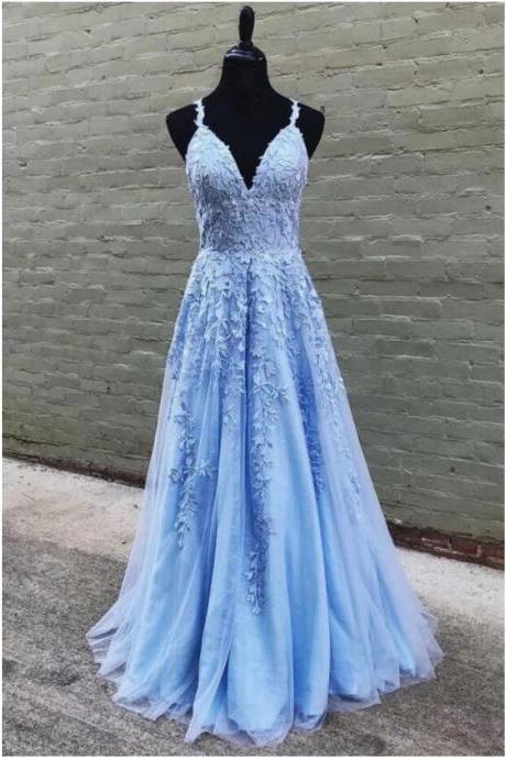 Elegant Light Blue Lace Formal Evening Dresses A Line Women Prom Gowns , Women Guest Gowns , Long Prom Gowns 2020