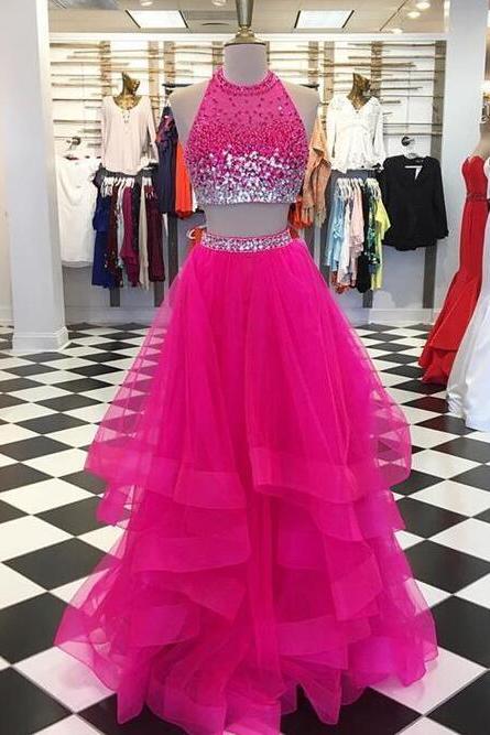 Off Shoulder Fuchsia Tulle Beaded A Line Homecoming Dress Long Prom Party Dresses,custom Made Prom Party Gowns