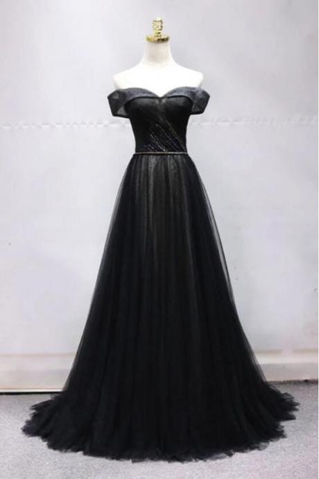 Fashion A Line Black Tulle Formal Evening Dresses Custom Made Women Party Gowns , Long Prom Dress