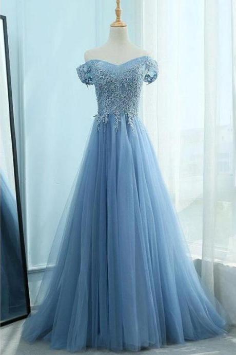 Sexy A Line Blue Tule Lace Long Prom Dresses Custom Made Women Party Gowns , Party Gowns ,2020 Formal Evening Gowns