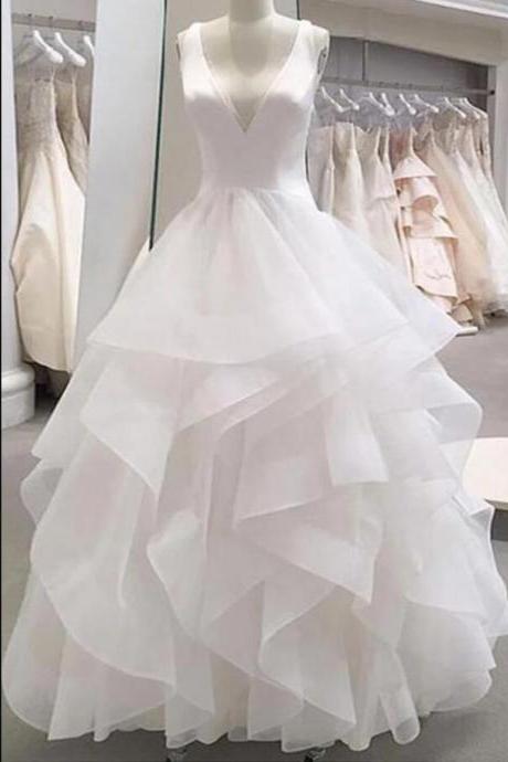 Custom Made V-neck White Organza Long Prom Dresses Off Shoulder Women Party Gowns ,sexy Pricess Quinceanera Gowns