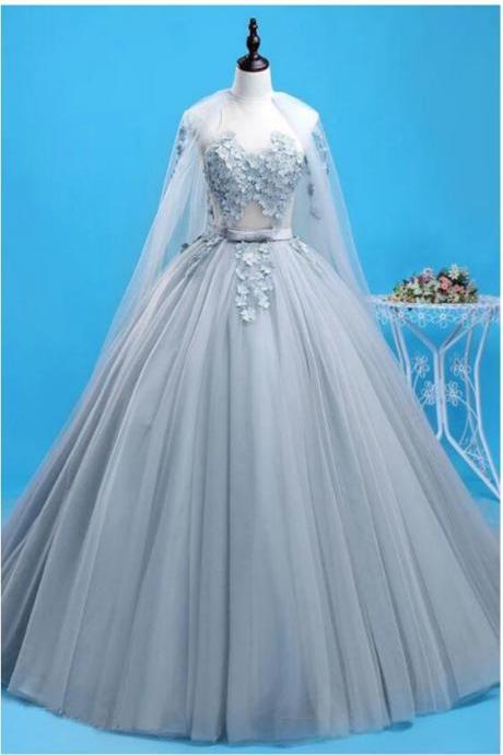 2020 Grey Tulle Tulle Lace Long Formal Prom Dress With Lace Applique With Long Train ,custom Made A Line Quinceanera Dress