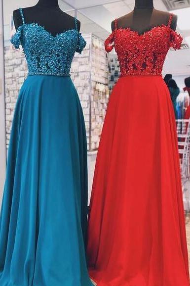 Sexy A Line Red Chiffon Beaded Long Prom Dresses Off Shoulder Women Party Gowns Evening Party Gowns 2020