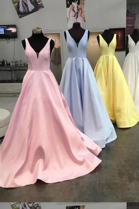 Sexy V-neck Pink Satin Long Prom Dresses A Line Women Party Gowns Custom Made Evening Party Gowns