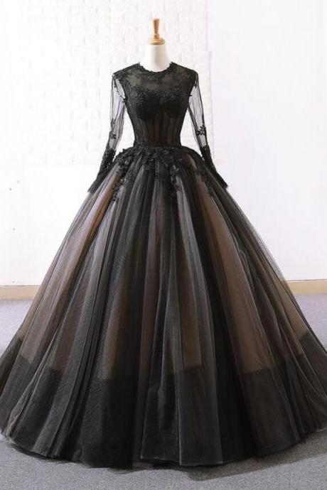 Black Tulle A Line Quinceanera Dresses With Long Lace Sleeve Custom Made Women Pageant Party Gowns ,long Prom Gowns