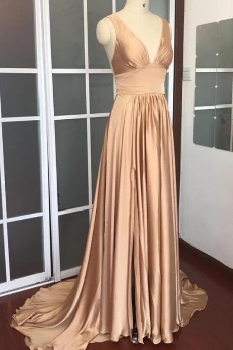 Champagne Satin A Line Long Prom Dresses Custom Made Women Gowns , Women Party Gowns ,