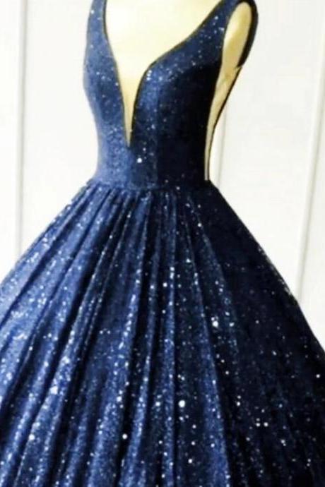 Sexy V-neck Navy Blue Sequin Ball Gown Quinceanera Dress , Long Prom Party Gowns ,custom Made Quinceanera Gowns