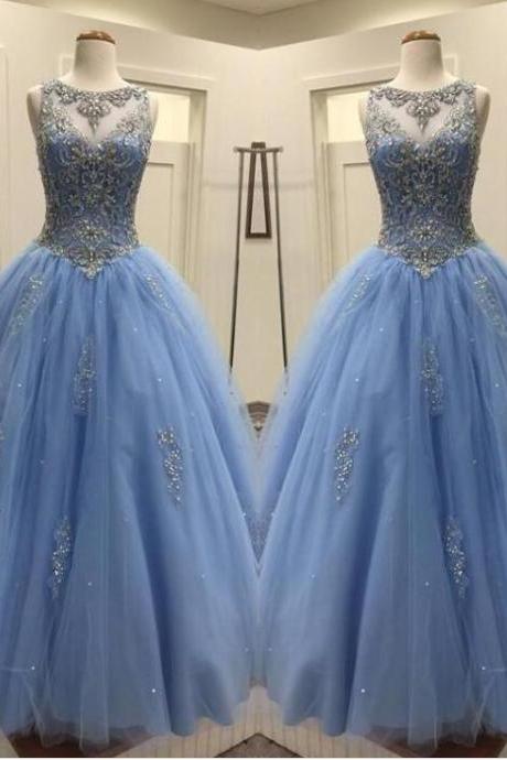 Luxury Beaded Blue Tulle A Line Quinceanera Dresses 2020 Custom Made Backless Women Party Gowns , long Prom pARTY gOWNS 