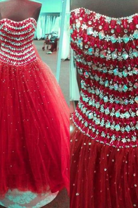 Luxury Beaded Crystal Red Tulle A Line Quinceanera Dresses,sweet 16 Quinceanera Gowns , Long Prom Party Gowns