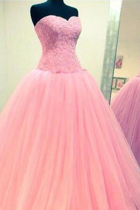 Charming Pink Lace Appliqued Ball Gown Quinceanera Dresses Sweet 16 Prom Party Gowns ,long Prom Gowns