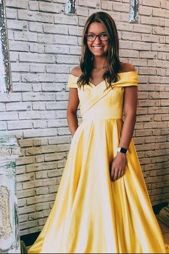 Yellow Satin Ruffle Long Prom Dresses Custom Made Women Pageant Gowns ,simple Evening Party Gowns 2020
