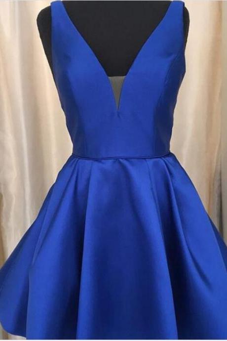 New Arrival Royal Blue Satin Short Homecoming Dress A Line Mini Party Gowns , Short Pageant Party Gowns 