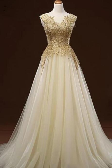 Plus Size Formal Evening Dress With Gold Lace Appliqued Women Party Gowns , Long Prom Party Gowns